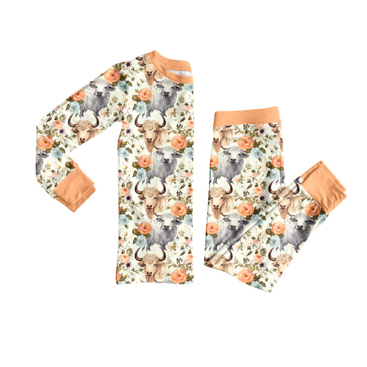 Preorder (moq 5)Baby Girls Highland Cows Floral Top Pant Pajamas Set