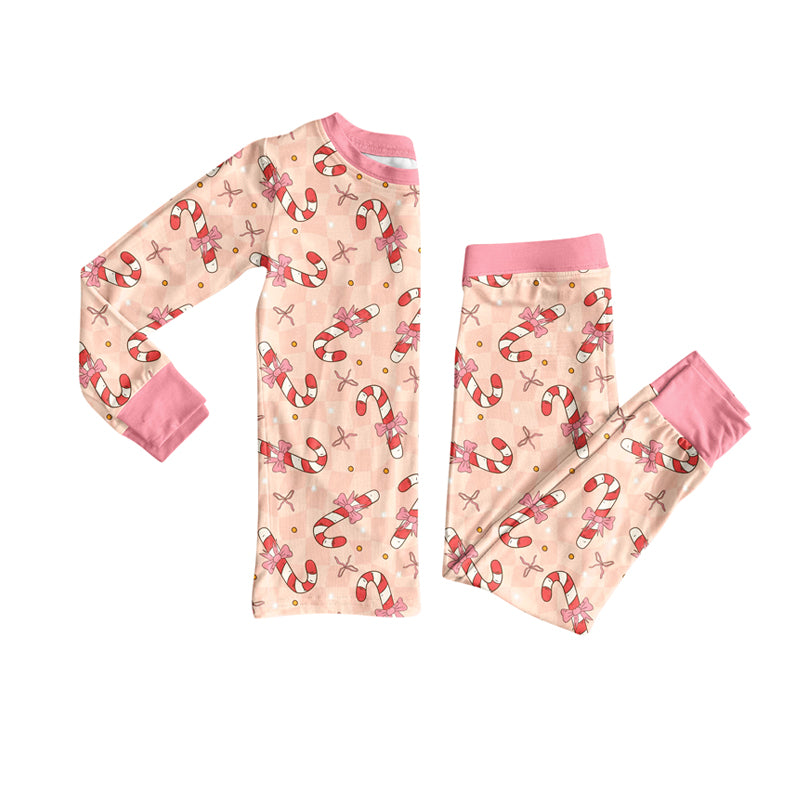 Preorder (moq 5)Baby Girls Long Sleeves Pink Bows Candy Cane Top Pant Pajamas Clothes Set
