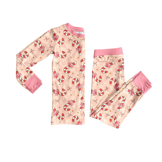 Preorder (moq 5)Baby Girls Long Sleeves Pink Bows Candy Cane Top Pant Pajamas Clothes Set