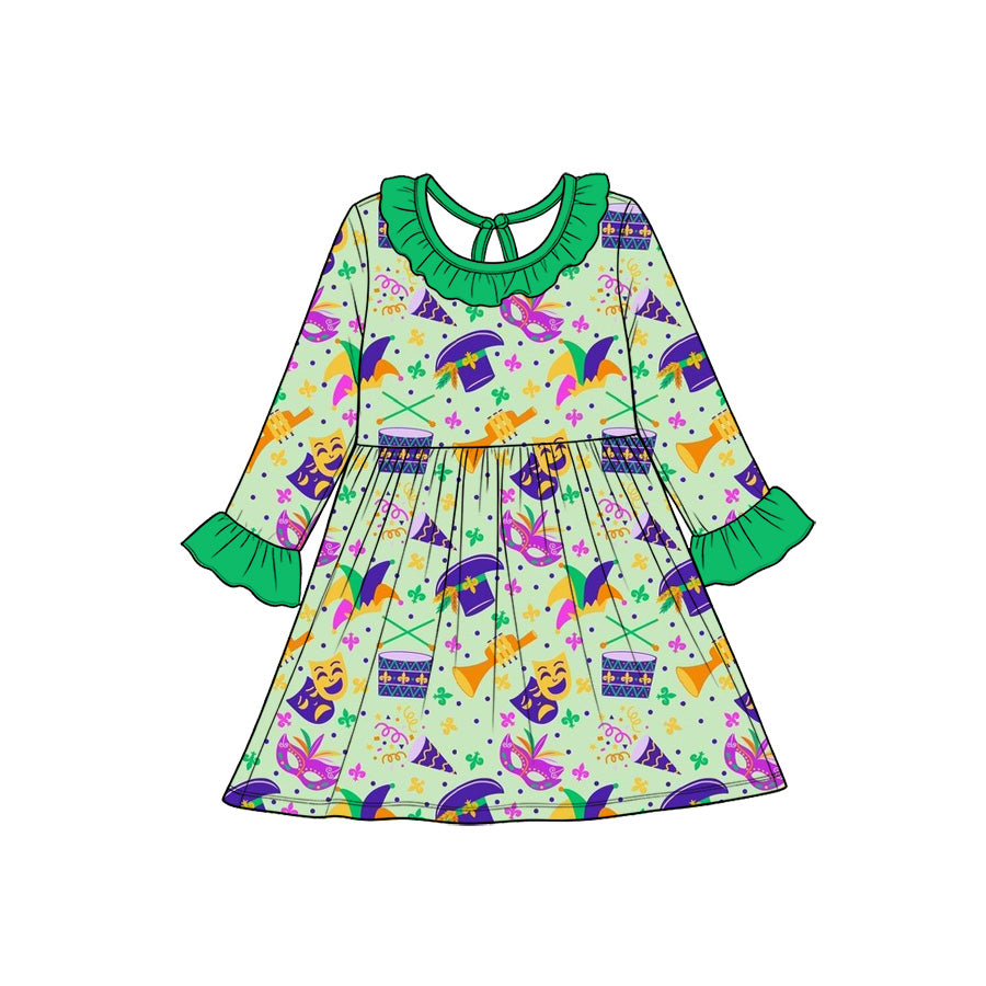Preorder(moq5) Baby Girl Clothes Mardi Gras Instrument Mask Print Long Sleeve Ruffle Collar Dress
