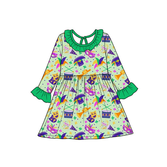 Preorder(moq5) Baby Girl Clothes Mardi Gras Instrument Mask Print Long Sleeve Ruffle Collar Dress
