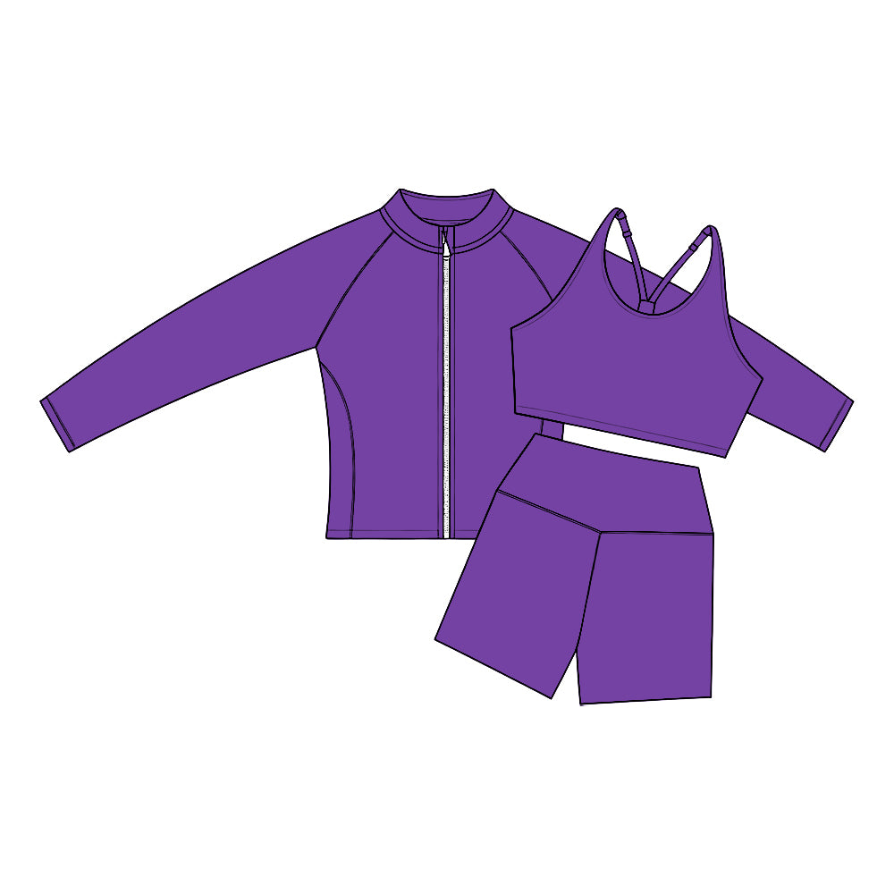 Preorder (moq 5) Baby Girl Clothes Solid Purple Print Long Sleeve Zip Jacket Tank Biker Short Yoga Set