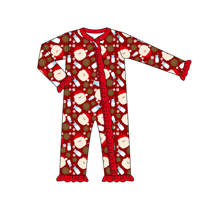 Preorder (moq 5)Baby Girls Long Sleeves Red Santa Milk Plaid Ruffle Zipper Romper