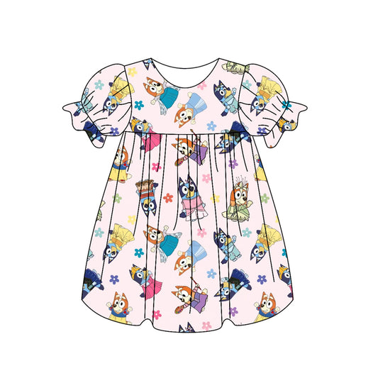 Preorder (moq 5)Baby Girls Pink Short Ruffle Sleeves Cartoon Dogs Floral Knee Length Dress