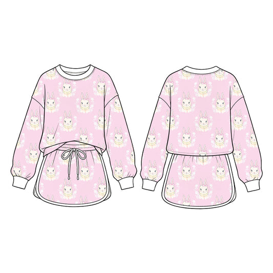 Preorder (moq 5) Baby Girl Clothes Pink Watercolor Bunny Floral Mixed Print Long Sleeve Top Skirt Boutique Outfit Set