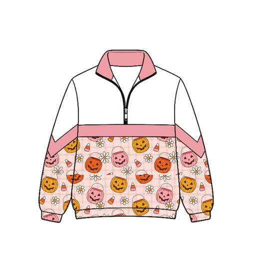 Preorder (moq 5)Baby Girls Flowers Ghost Pumpkins Halloween Zip Pullovers Top