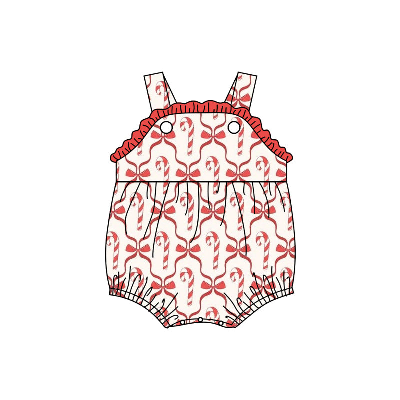 Preorder (moq 5)Baby Girls Strap Red Bows Candy Cane Plaid Ruffle Romper