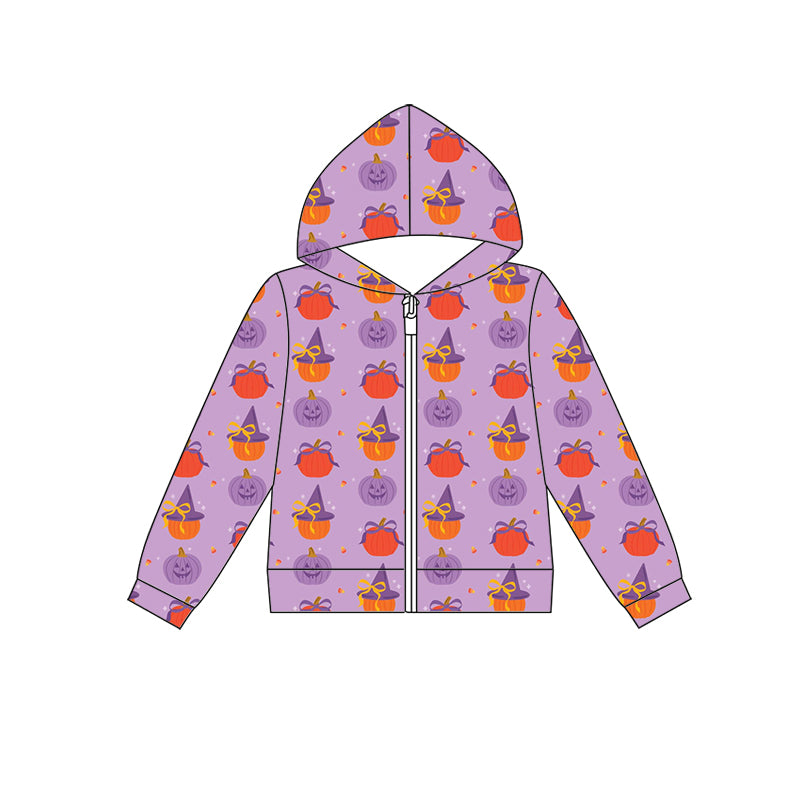 Preorder (moq 5)Baby Girls Colorful Bows Ghost Pumpkins Halloween Zip Hoodie Jackets