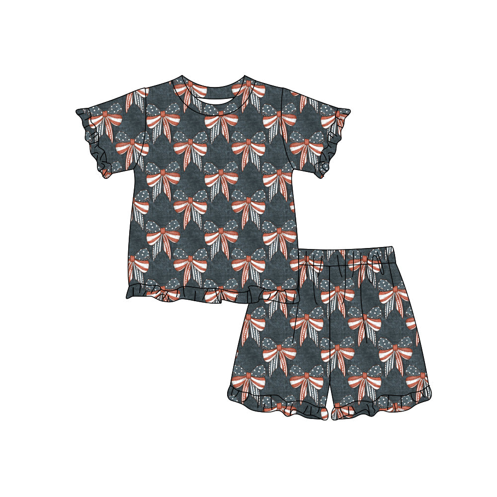 Preorder (moq 5)Baby Girls Flag Bows Top Ruffle Short 4th of July Clothes Sets