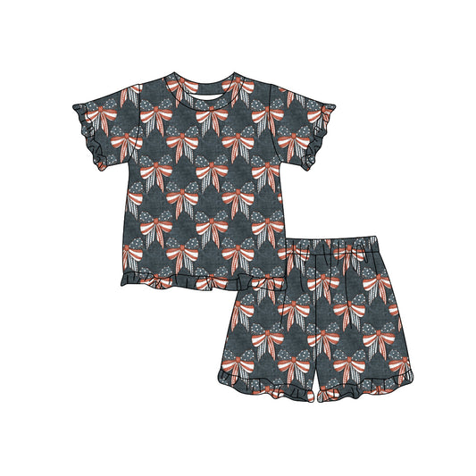 Preorder (moq 5)Baby Girls Flag Bows Top Ruffle Short 4th of July Clothes Sets