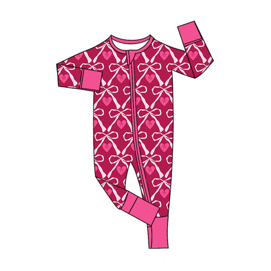 Preorder (moq 5) Baby Girl Clothes Burgundy Bow Heart Allover Print Long Sleeve Zip Romper Jumpsuit