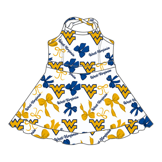 Preorder (moq 5)Baby Girls Yellow Strap WV Bows Plaid Short Ruffle Team Knee Length Dresses
