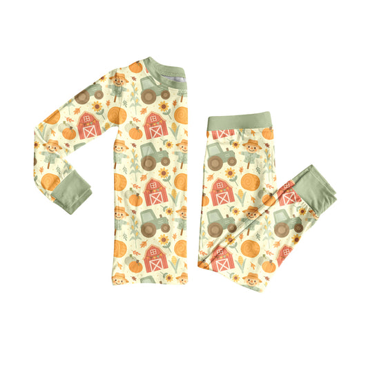 Preorder (moq 5)Baby Boys Yellow Long Sleeves Pumpkins House Top Pant Farm Pajamas Set