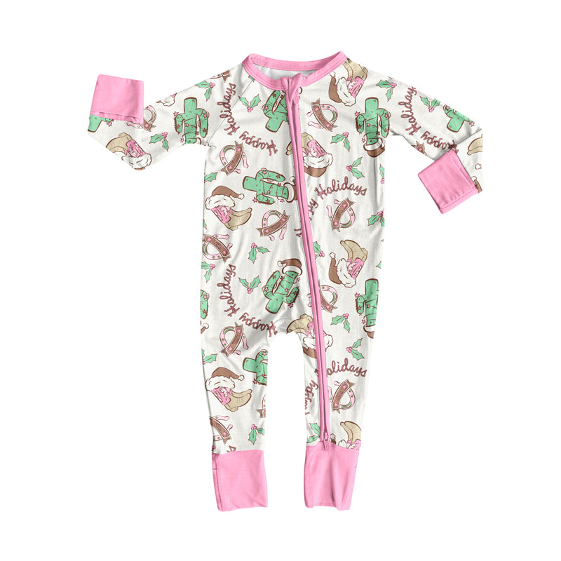 Preorder moq 5 Baby Infant Girls Long Sleeves Pink Hat Boots Cactus Plaid Zipper Romper