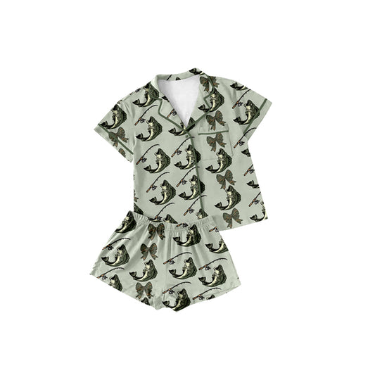 Preorder (moq 5)Baby Girls Green Short Sleeves Fishes Button Pocket Top Short Pajamas Set Preorder