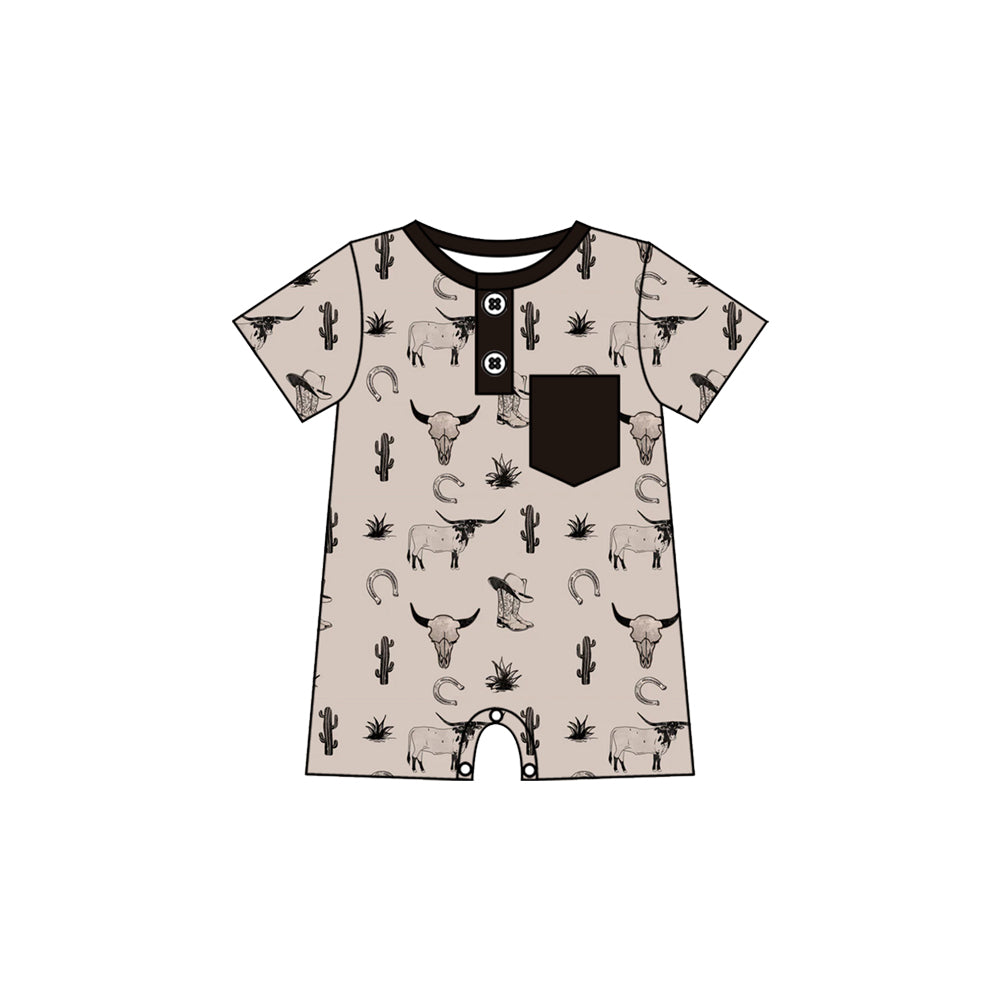 Preorder (moq 5)Baby Boys Cactus Bull Skulls Button Pocket Western Short Rompers