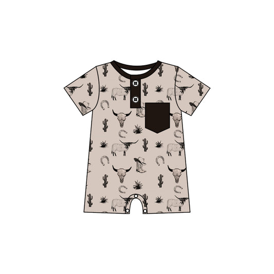Preorder (moq 5)Baby Boys Cactus Bull Skulls Button Pocket Western Short Rompers
