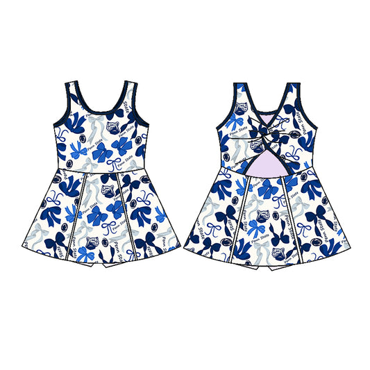 Preorder (moq 5)Baby Girls Hot Blue Sleeveless Penn State Bows Plaid Shorts Knee Length Dresses