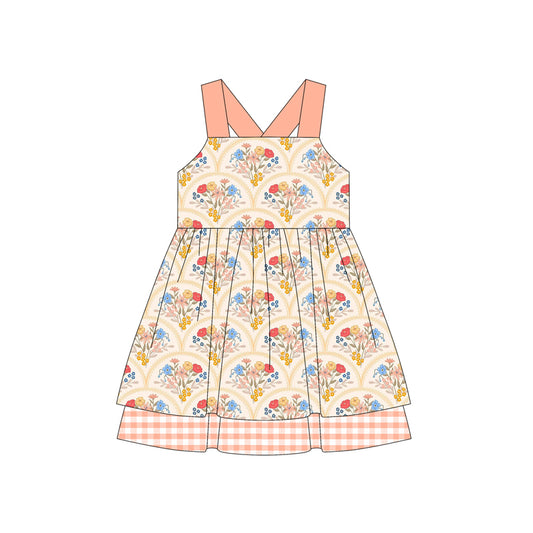 Preorder (moq 5)Baby Girls Pink Strap Floral Plaid Knee Length Dress
