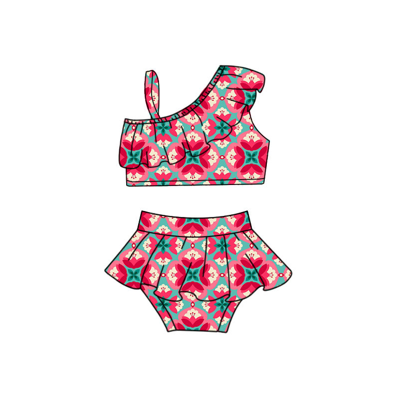 Preorder(moq 5) Baby Girls Flowers Checked One Strap Top Ruffle Bummies 2 Piece Swimsuits