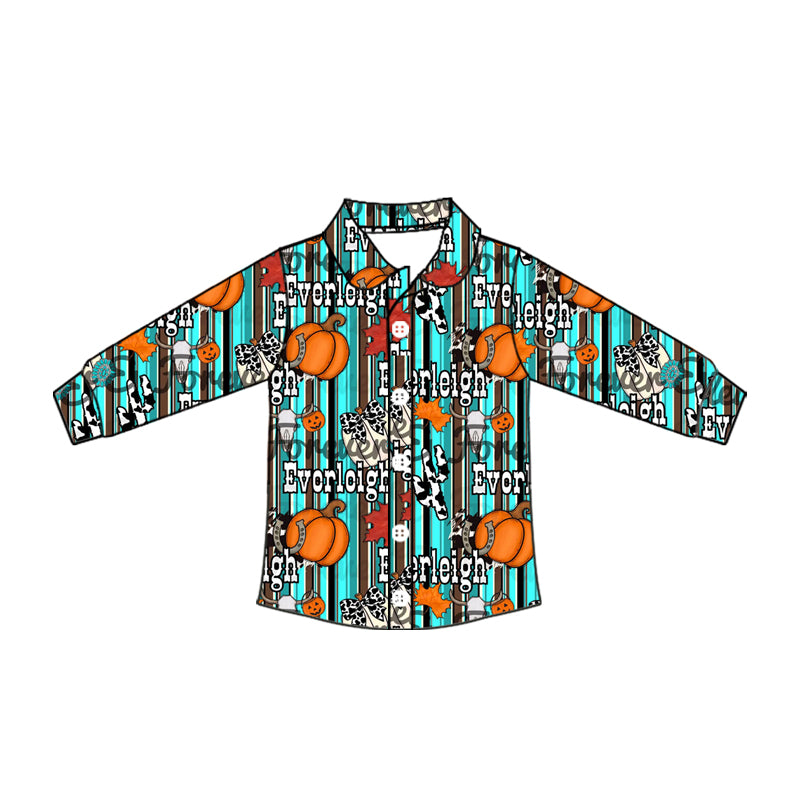 Preorder moq 10 Baby Boys Long Sleeves Blue Stripe Cow Print Pumpkins Button Shirts Top
