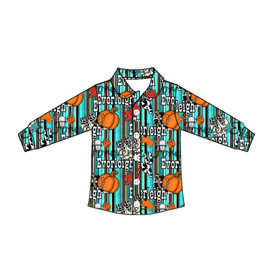 Preorder moq 10 Baby Boys Long Sleeves Blue Stripe Cow Print Pumpkins Button Shirts Top