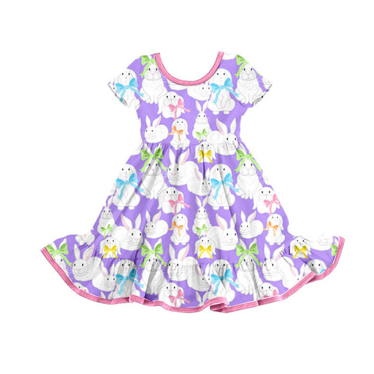 Preorder(moq 8)Baby Girls Colorful Bows Rabbits Easter Ruffle Knee Length Dresses