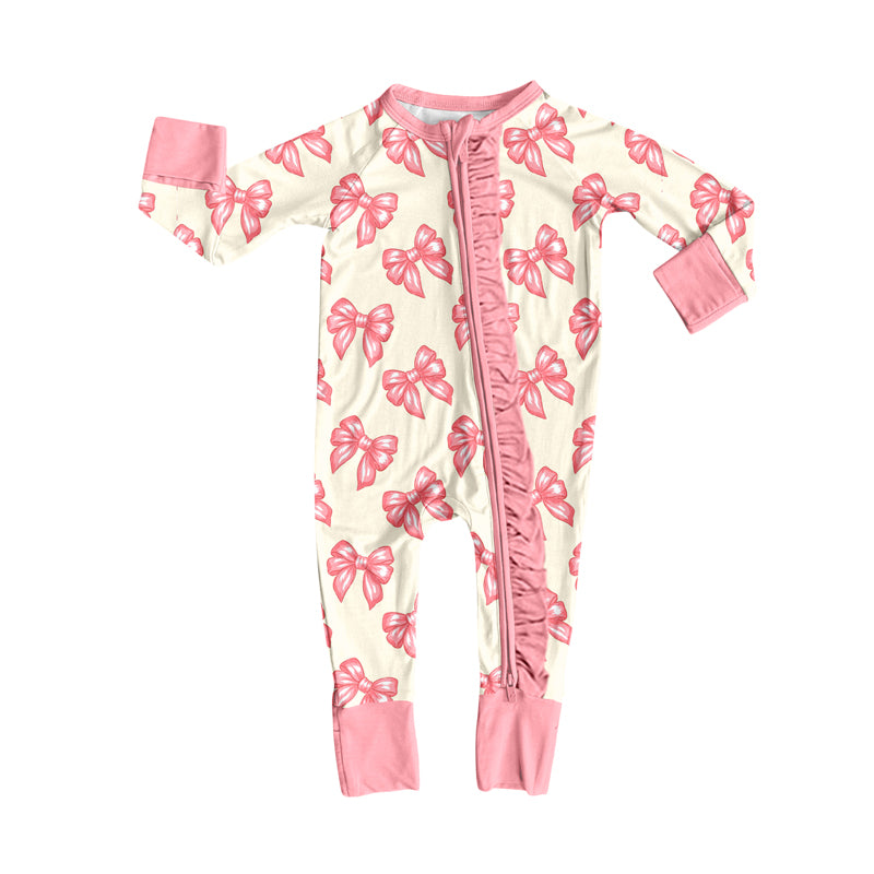 Preorder(moq 5)Baby Girls Pink Bows Ruffle Zipper Footie Rompers