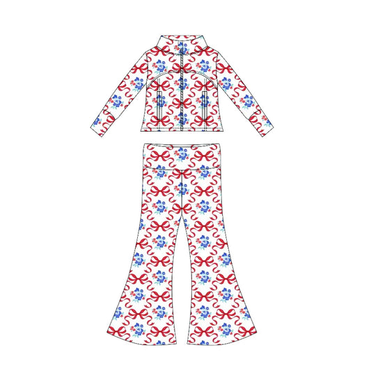 Preorder moq 10 Baby Girls Long Sleeves Red Flowers Bows Pockets Zipper Top Bell Bottom Pant Set