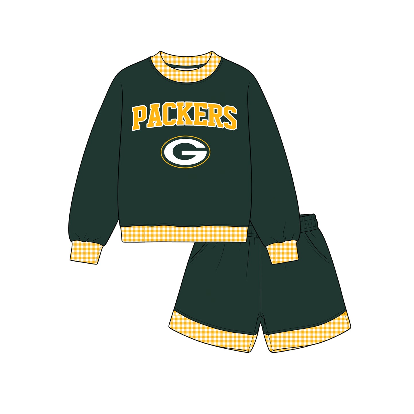 Preorder (moq 5)Baby Girls Packers Long Sleeve Top Pockets Shorts Team Clothes Sets