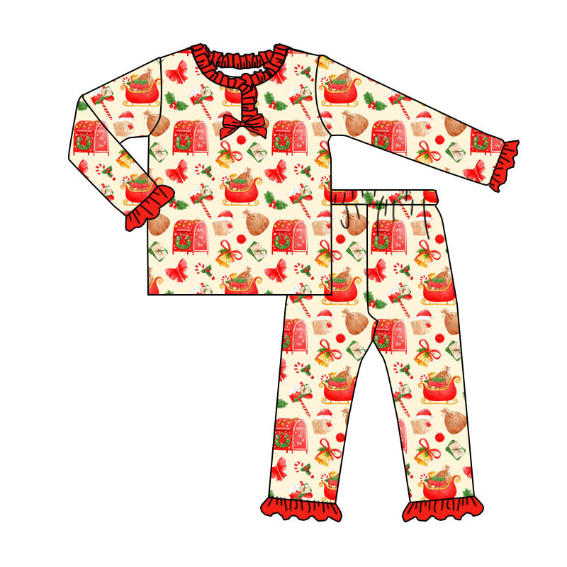 Preorder (moq 5)Baby Girls Gifts Candy Cane Christmas Long Ruffle Sleeve Pajamas Sets