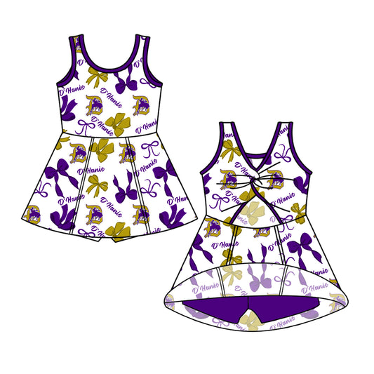 Preorder (moq 5)Baby Girls Purple Sleeveless Horse Rodeos Bows Plaid Shorts Team Knee Length Dresses