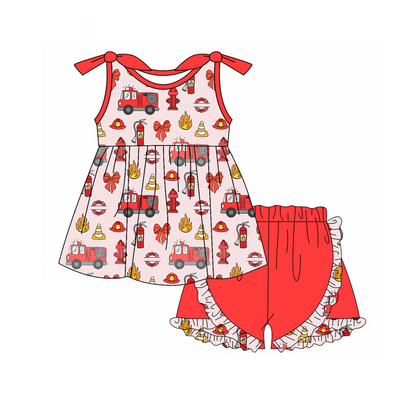Preorder (moq 5)Baby Girls Firetrucks Bows Tunic Top Ruffle Shorts Clothes Sets