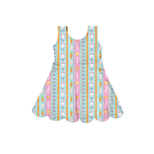 Preorder (moq 5)Baby Girls Sleeveless Bow Flower Rabbits Stripe Easter Knee Length Dress