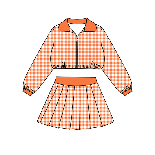 Preorder (moq 5)Baby Girls Long Sleeve Orange Checked Zip Pullovers Skirt Short Clothes Set