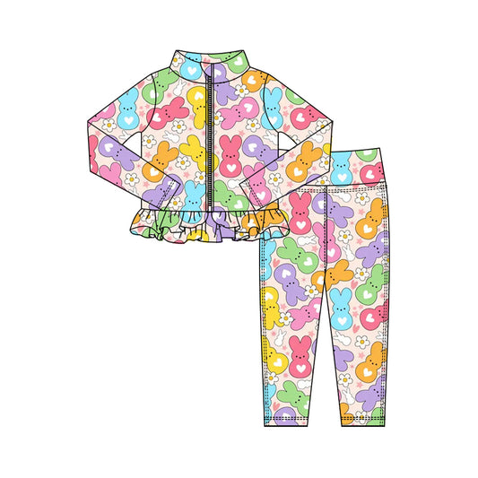 Preorder (moq 5) Baby Girl Clothes Easter Heart Peeps Bunny Daisy Print Zip Up Ruffle Top Legging Set