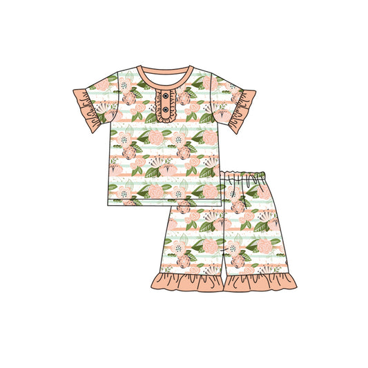 Preorder (moq 5)Baby Girls Pink Flowers Stripes Shirt Top Shorts Pajamas Clothes Sets