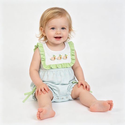 Embroidery Ducks Baby Girls Sleeveless Stripe Hunting Ruffle Rompers