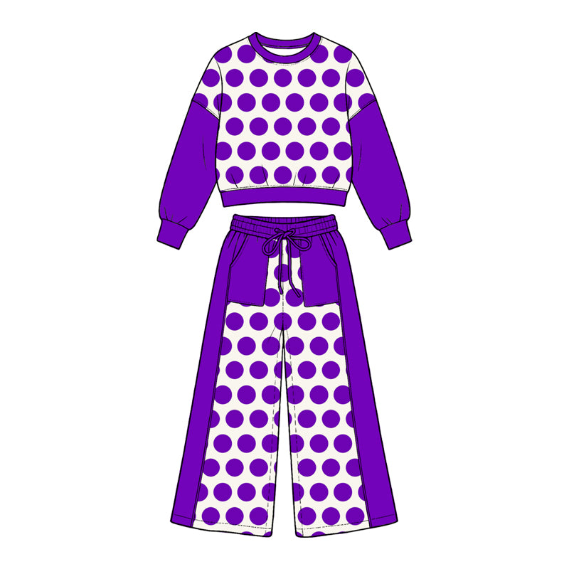 Preorder (moq5) Girl Clothes Purple Big Polka Dot Color Block Crop Sweatshirt Wide Leg Pants Set