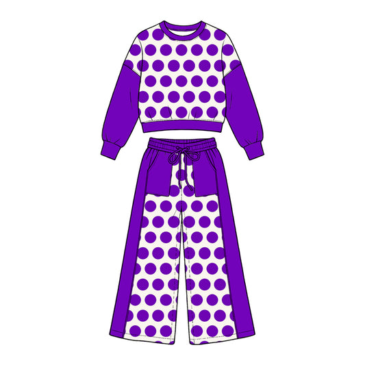 Preorder (moq5) Girl Clothes Purple Big Polka Dot Color Block Crop Sweatshirt Wide Leg Pants Set