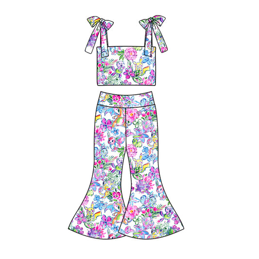Preorder (moq 5)Baby Girls Cartoon Colorful Flowers Straps Top Bell Pants Clothes Sets
