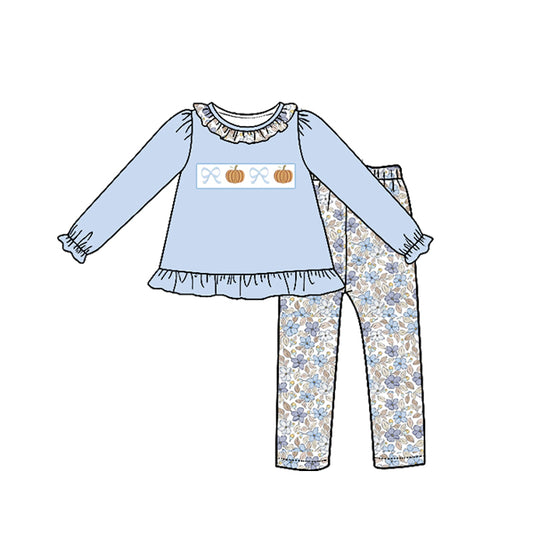 Preorder (moq 5)Baby Girls Bows Pumpkins Tunic Flowers Leggings Fall Clothes Sets