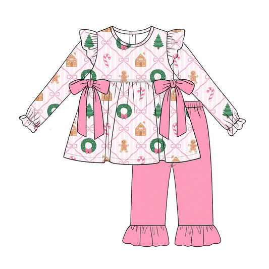 Preorder (moq 5)Baby Girls Holly Candy Cane Tunic Ruffle Pants Christmas Clothes Sets