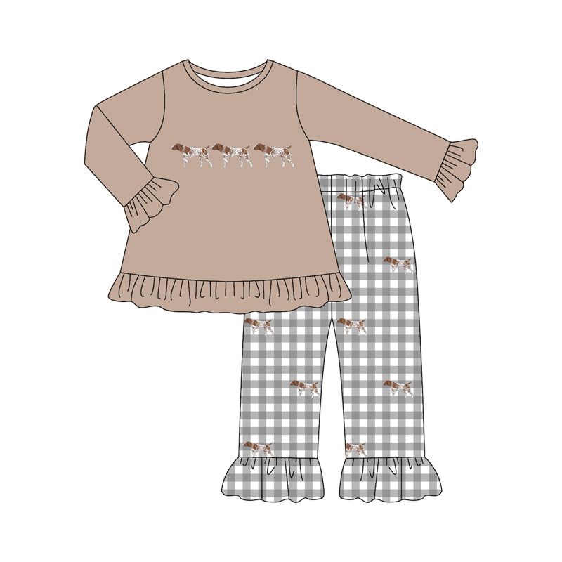 Preorder (moq 5)Baby Girls Long Sleeve Dogs Tunic Checked Ruffle Pant Hunting Sets