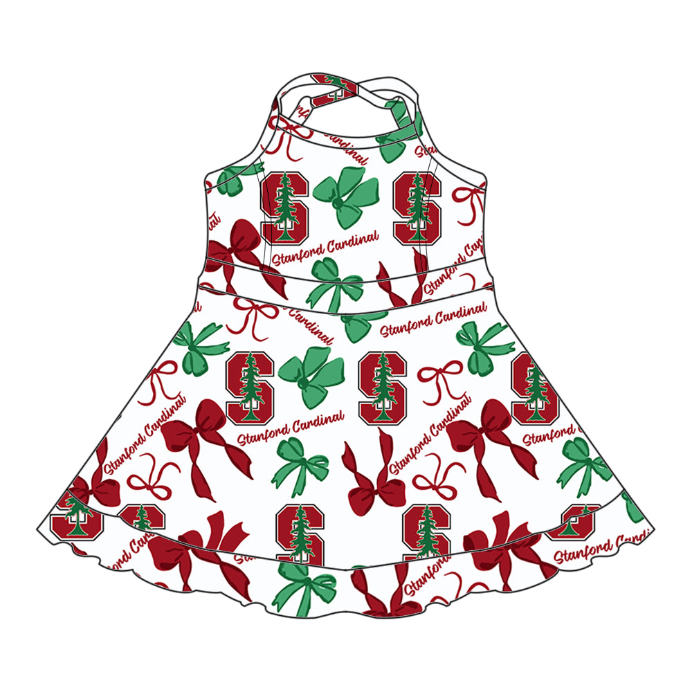 Preorder (moq 5)Baby Girls Strap Stanford Cardinal Bows Plaid Short Ruffle Team Knee Length Dresses