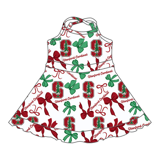 Preorder (moq 5)Baby Girls Strap Stanford Cardinal Bows Plaid Short Ruffle Team Knee Length Dresses