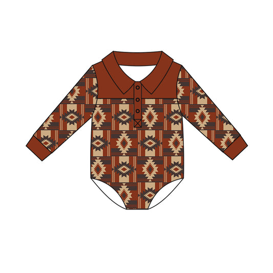 Preorder (moq 5)Baby Boys Long Sleeve Colorful Aztec Western Button Hunting Rompers