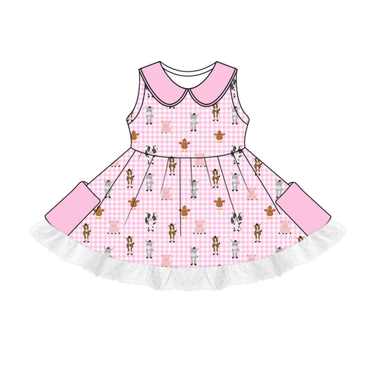 Preorder (moq 5)Baby Girls Farm Pink Checkered Cows Pockets Twirl Dresses