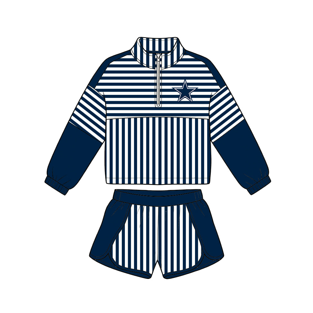 Preorder (moq 5)Baby Girls Navy Stripe Cowboys Zip Pullovers Short Team Clothes Set