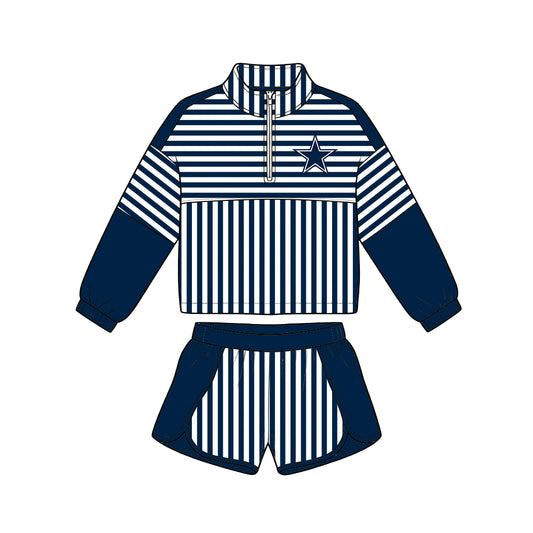 Preorder (moq 5)Baby Girls Navy Stripe Cowboys Zip Pullovers Short Team Clothes Set